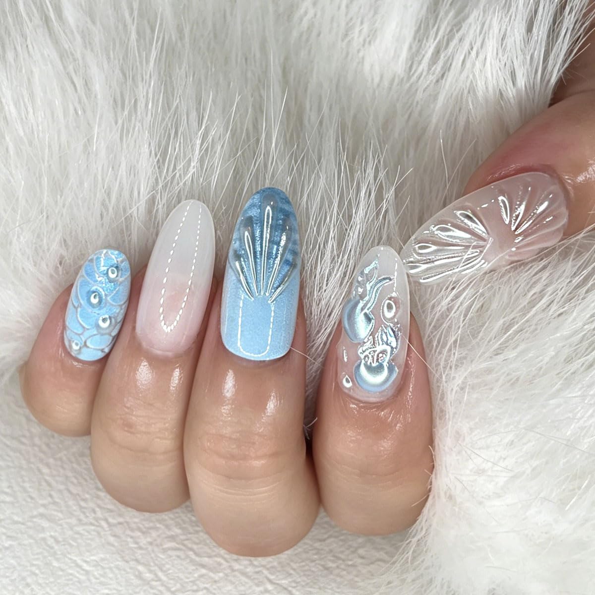 3D Press On Nails Almond Medium Light Blue Fake Nails with Embossed Fan-Shaped Pattern Pearl Embellishment Designs, Acrylic Artificial Nail Press ons False Stick On Nails for Women Girls 30Pcs