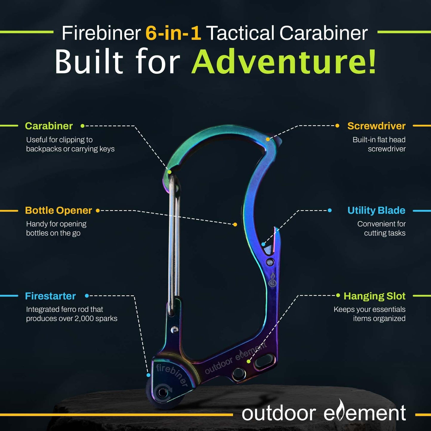 OUTDOOR ELEMENT Firebiner® 6-in-1 Survival Multitool Carabiner EDC Keychain with EverSpark™ Fire Starter, Utility Blade, Bottle Opener & Screwdriver – Unique Gift for Outdoor Adventure – Blue River