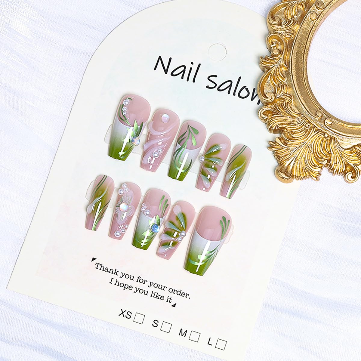 24Pcs Gradient Green Press on Nails Medium French Tip Fake Nails 3D Green Flower Glue on Nails with Pearl Rhinestones False Nails Summer Square Acrylic Nails Handmade Artificial False Nails for Women