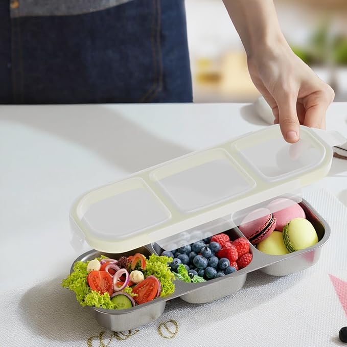 Stainless Steel Snack Containers for Kids Adults, 2 Pack 3 Compartment Metal Snack Containers Box with Lid, Reusable Food Storage Container, Leak Proof, Grab and Go