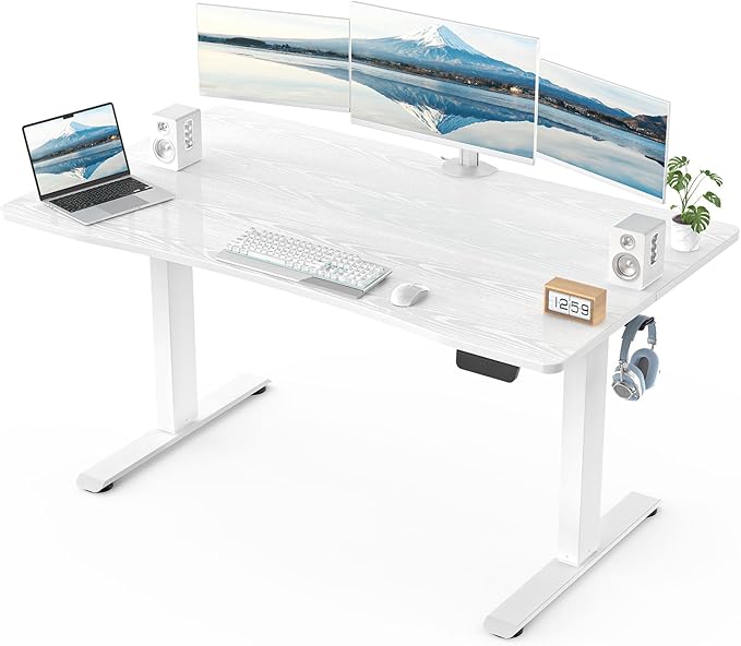 Veken 55 x 28 Inch Electric Standing Desk with Adjustable Height, Sit to Stand Computer Table for Study, Work or Gaming, Home Office Desk White