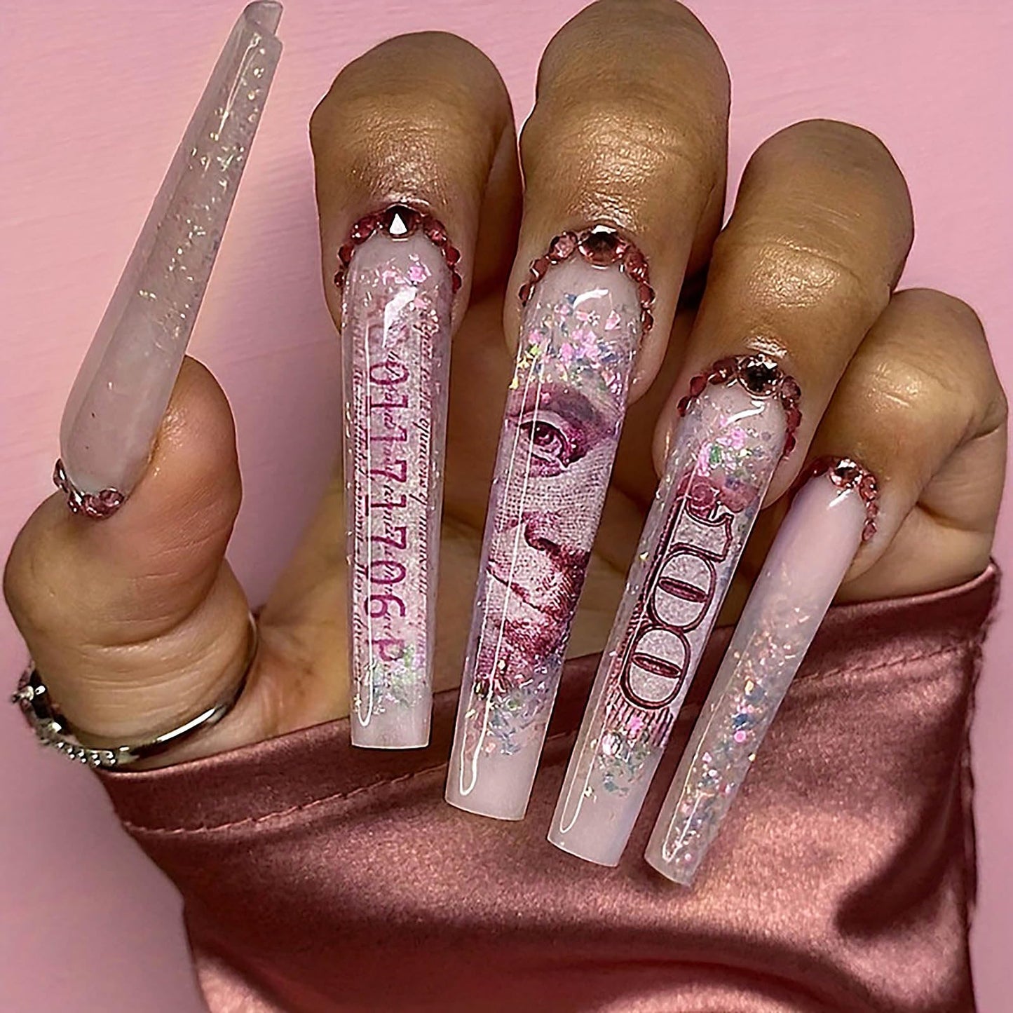 QQPPOLIU Long Press on Nails for Womoen Square Shape Nude with Rhinestones Design Glitter Extra Long Money Patterns Full Cover XL Acrylic Nails 24 Pcs