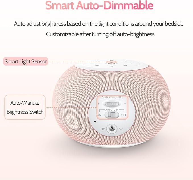 REACHER Auto Dimmable Sound Machine Alarm Clock with Night Light for Girls | 20 soothing sounds, sleep timer, precise volume, soft night lights, auto-dimming display, cute white noise soother for kids