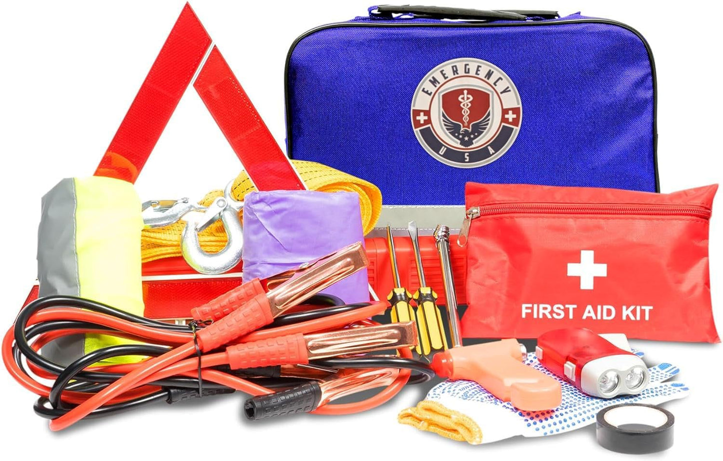 Roadside Car Emergency Kit - First Aid Set, Jumper Cables, Tow Strap, LED Flash Light, Rain Coat, Tire Pressure Gauge, Safety Vest and More (Blue)
