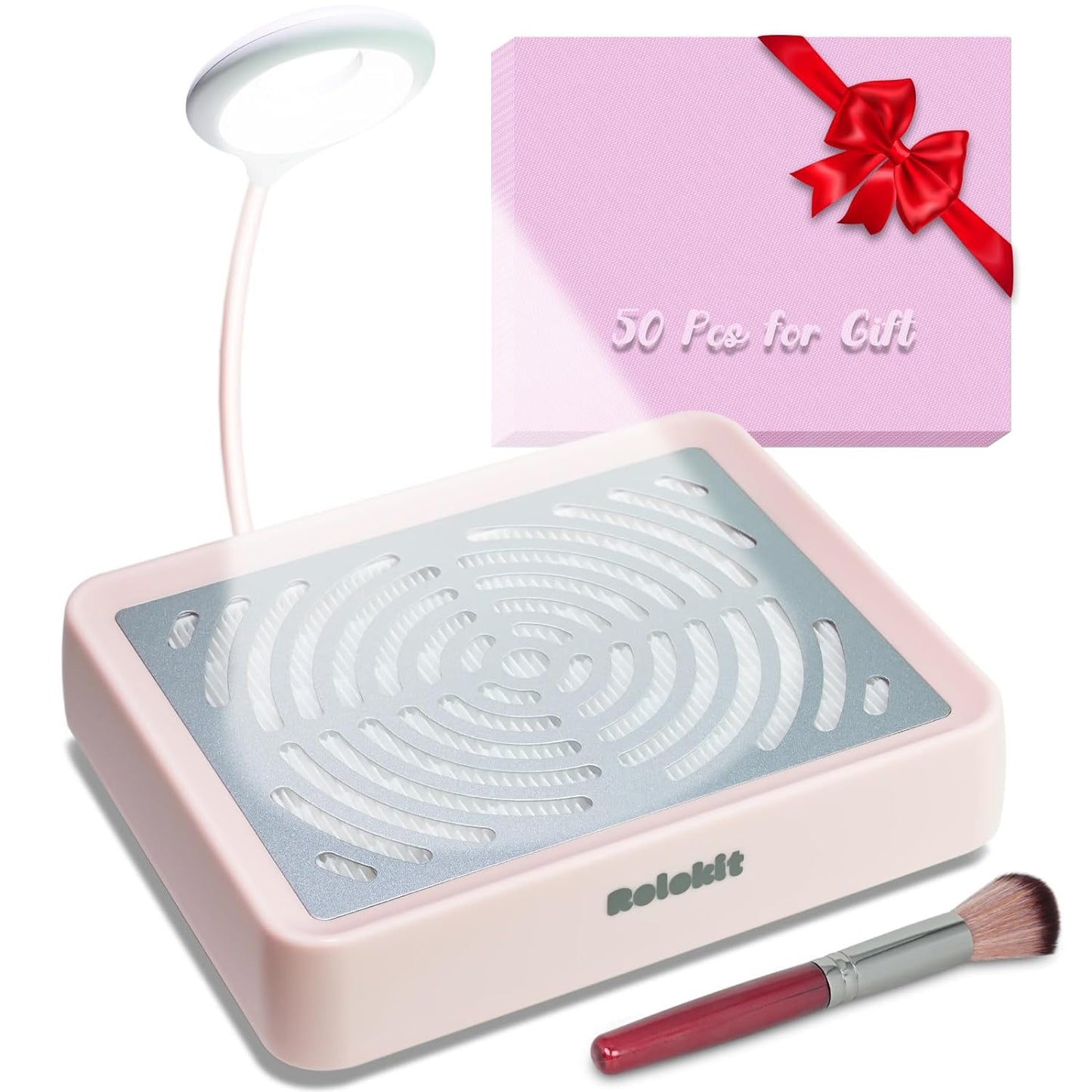 Nail Dust Collector with Lamp&50pcs Disposable Filter&Dusting Brush, Electric Nail Vacuum Cleaner Dust Fan Suction Machine for Manicure Acrylic Gel Nails Polishing, Low Noise,Salon Home