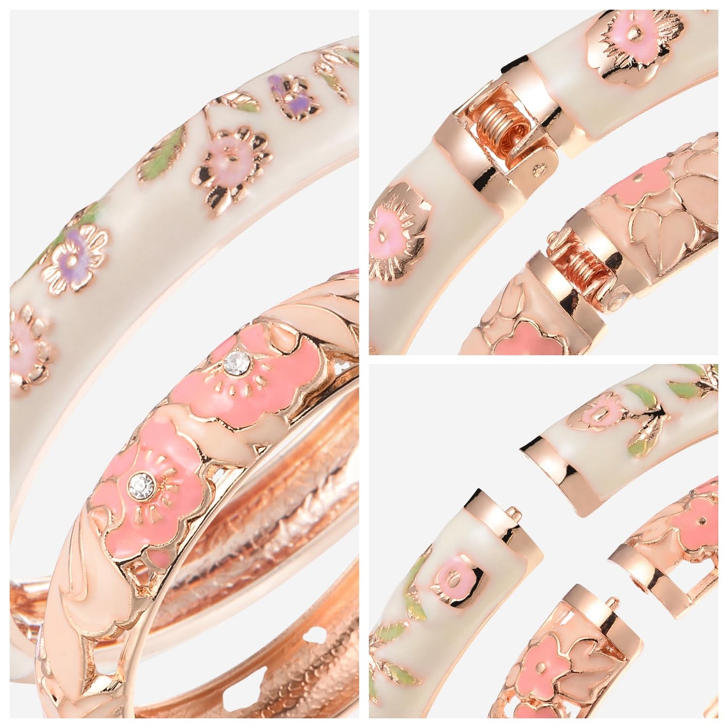 UJOY Colors Handcraft Jewelry Cloisonne Bracelet Enamel Hollowed Bird Spring Hinged Womens Bangles Gifts Box 88A08-55A18 Pink White