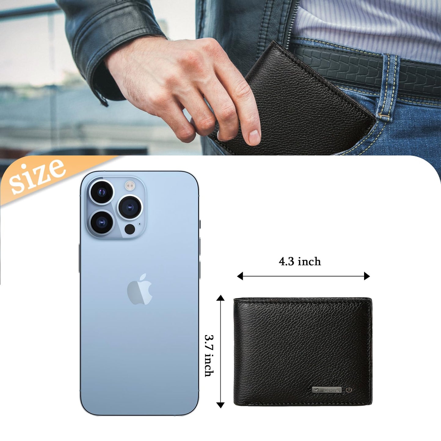 Smart Mens Wallet with Tracker, Only with Find MY APP(IOS), Front Pocket Wallets for Men, Slim Leather with 2 ID Window, Trackable Minimalist Credit Card Holder with Gift Box (Black1)