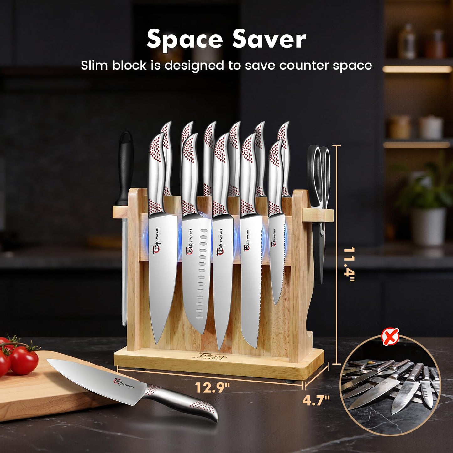 SYOKAMI Japanese Knives Set for Kitchen, Magnetic Knife Set with Block and Sharpener, Stainless Steel Knife Set as Gift for Couple, Wedding, Women or Mom with Gift Box, 14 PCS Red Dot