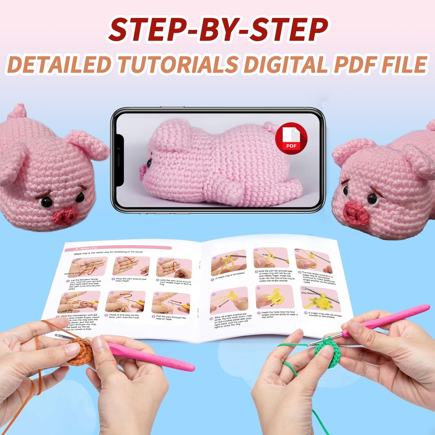 JXINLODGEG Crochet Kit for Beginners, Crochet Animal Kits for Starters with Step-by-Step PDF File Tutorials, Crocheting Kit for Adults DIY Art Craft Knitting Starter with Hooks Pig