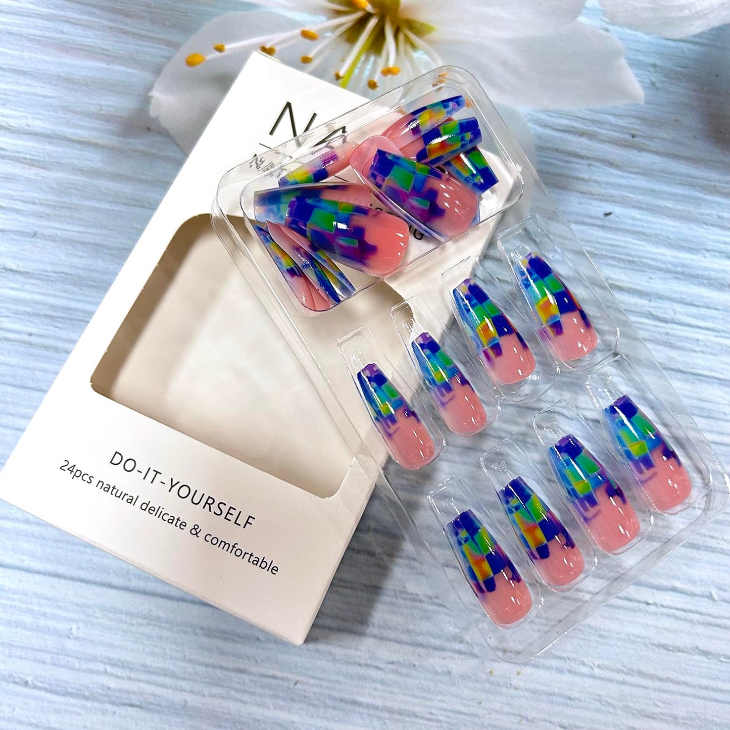 CJDLTS Press on Nails Long Ballet Shaped Colorful Geometry Smudge Pattern Design Full Cover Glossy Acrylic Fake Nail French Artificial Fingernail Ballet Press Ons Stick on Nails for Women 24Pcs