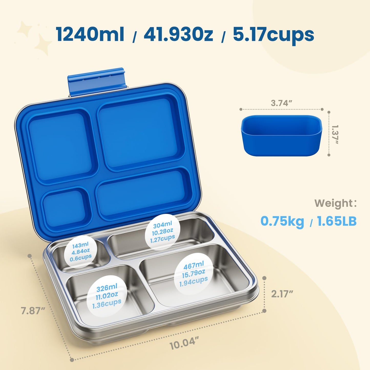 FAJSL Stainless Steel Bento Box, 4-Compartment Metal Lunch Box with Removable Silicone, Lunch Container for Kids & Adults with Silicone Inner Container, School, Office, Dishwasher Safe(Blue)