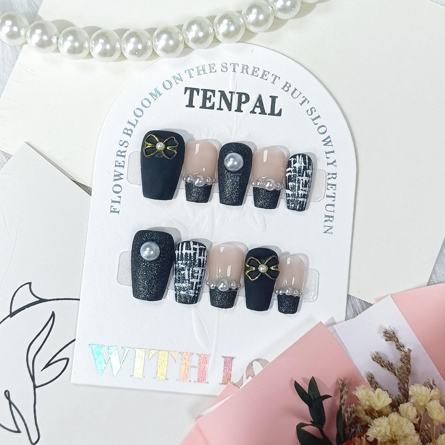 TENPAL Handmade French Tips Press on Nails Medium,Black Gold Pearl & Bow Tweed Coffin Nails,Detachable Luxury Heirloom Elegance Glue on Nails for Fair Skin,Acrylic Wedding Nails for Women(S)