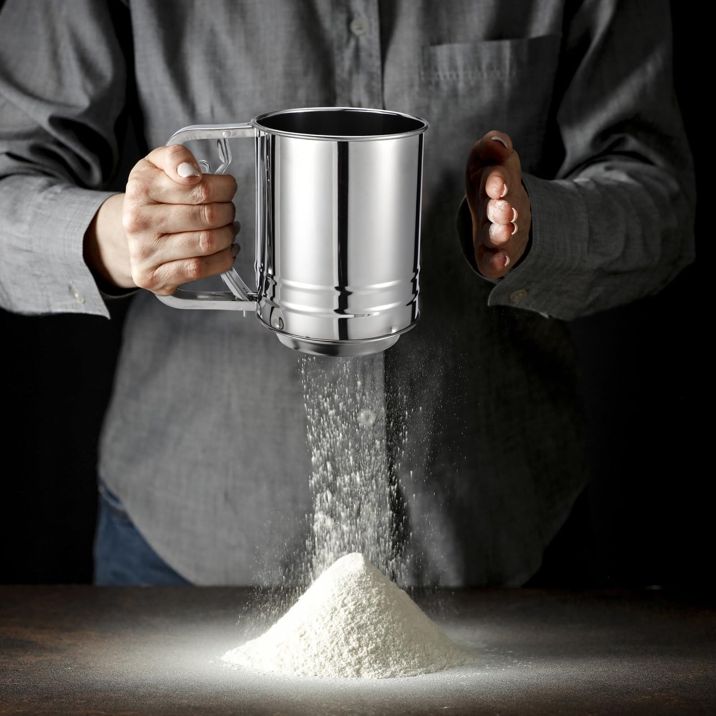 3 in 1 Stainless Steel Sifter 3 Cup Flour Sifter for baking with Powdered Sugar Duster Set, flour sprinkler Duster for Baking Pastries Pies Cupcakes and Desserts