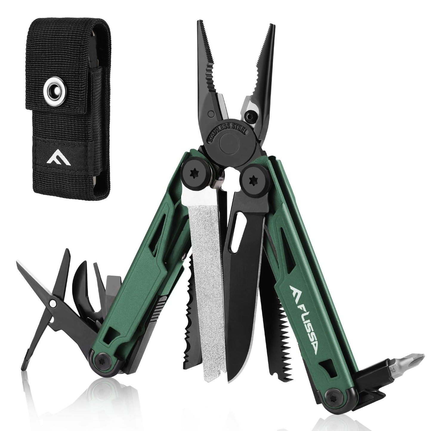 FLISSA Multitool, 15-in-1 Multi Tool Pocket Knife with Sheath, Stainless Steel EDC Multitool Pliers for Men, All-in-One Tools for Camping, Fishing, Survival
