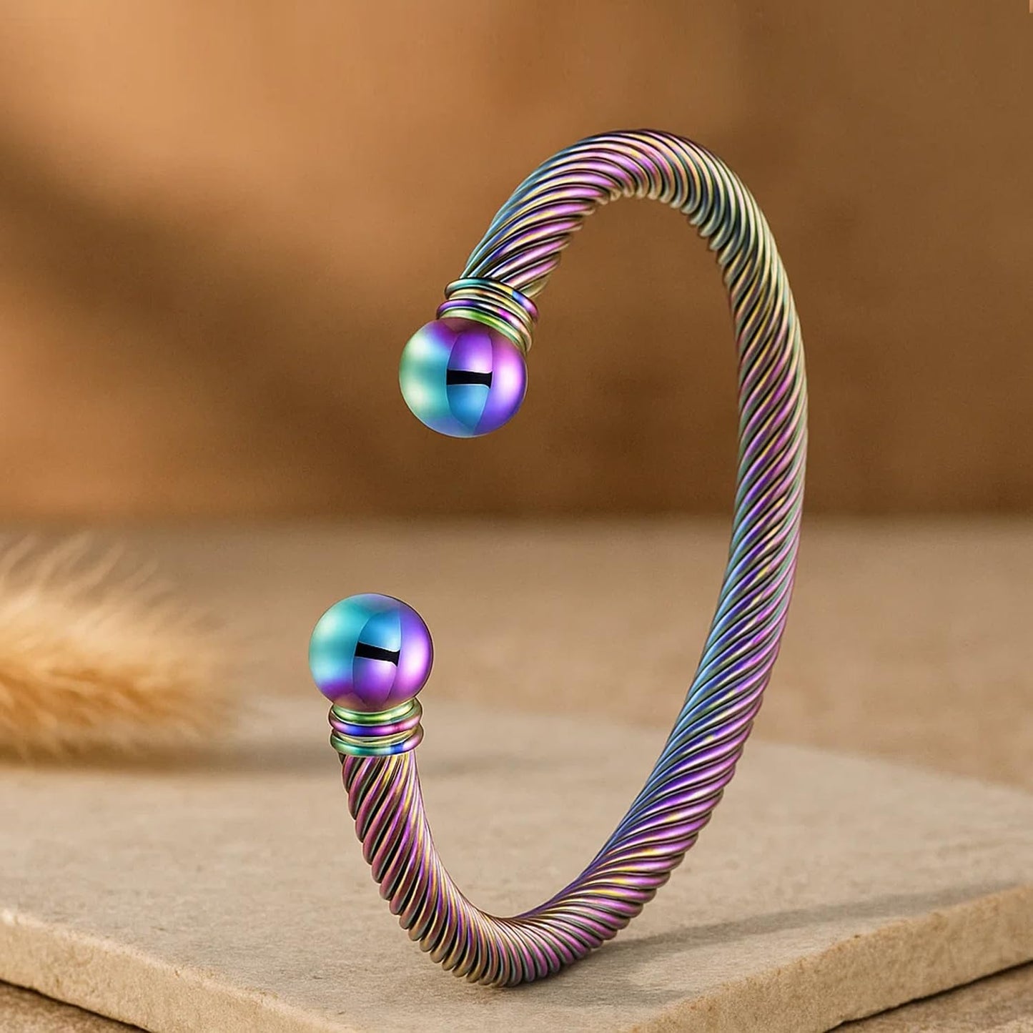 BOLAGTIER Stainless Steel Twisted Cable Wire Bracelets Adjustable Open Cuff Bangle Bracelet Vintage Jewelry Gift for Women (C-Rainbow)