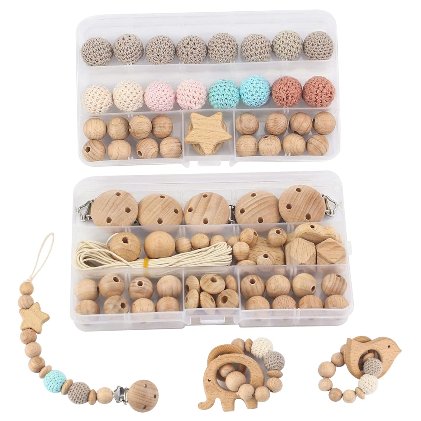 Wood Beads, Macrame Beads 84Pcs/Set Natrual Macrame Wooden DIY Crochet Wooden with Clips for Baby Pacifier Chain, Bracelets, DIY Crafts and Macrames