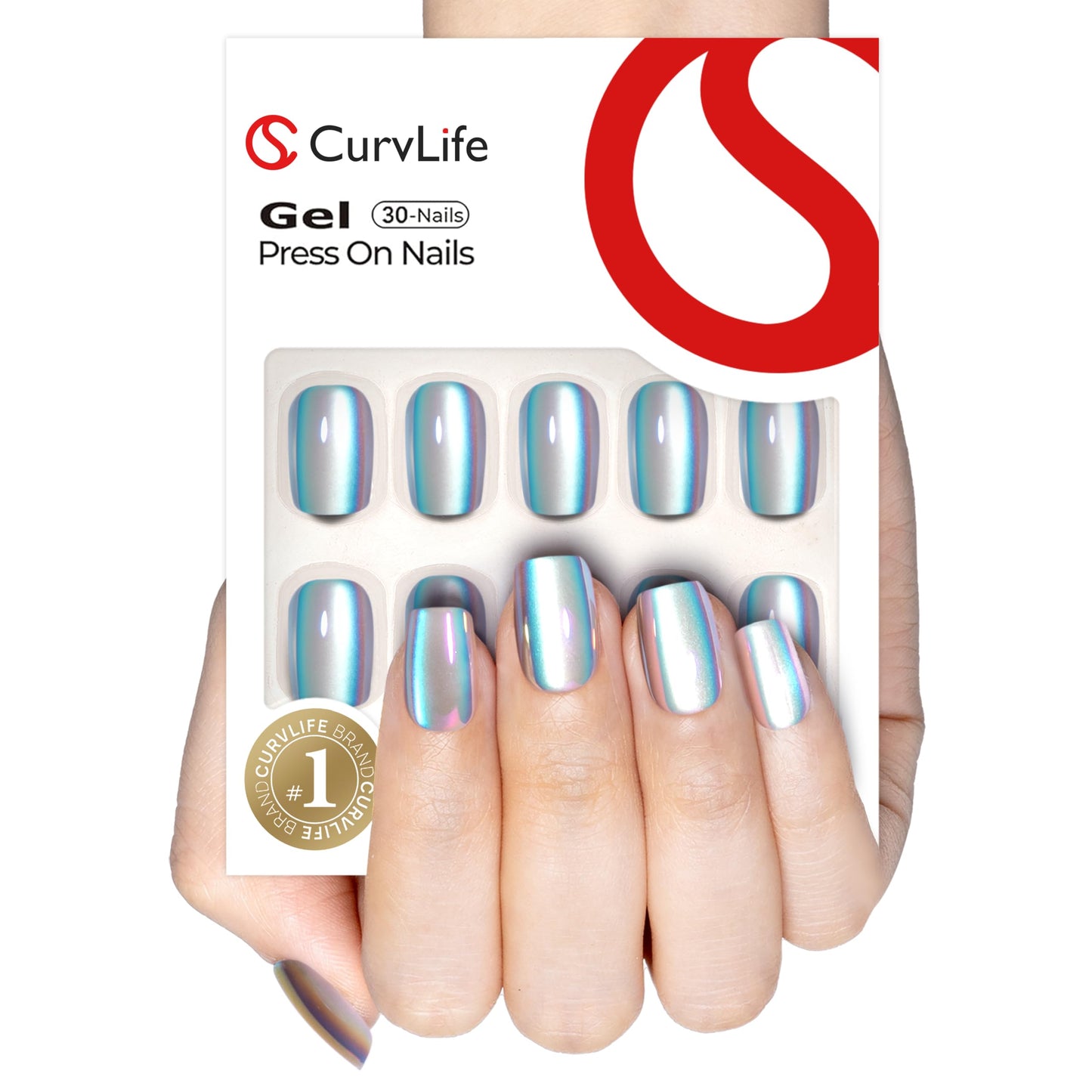 CurvLife Press On Nails Kit - Full Cover False Nail Tips with Trendy Designs, Reusable & Glue Included - Easy Application Nail Accessories for Women (chrome cat eye, Short)