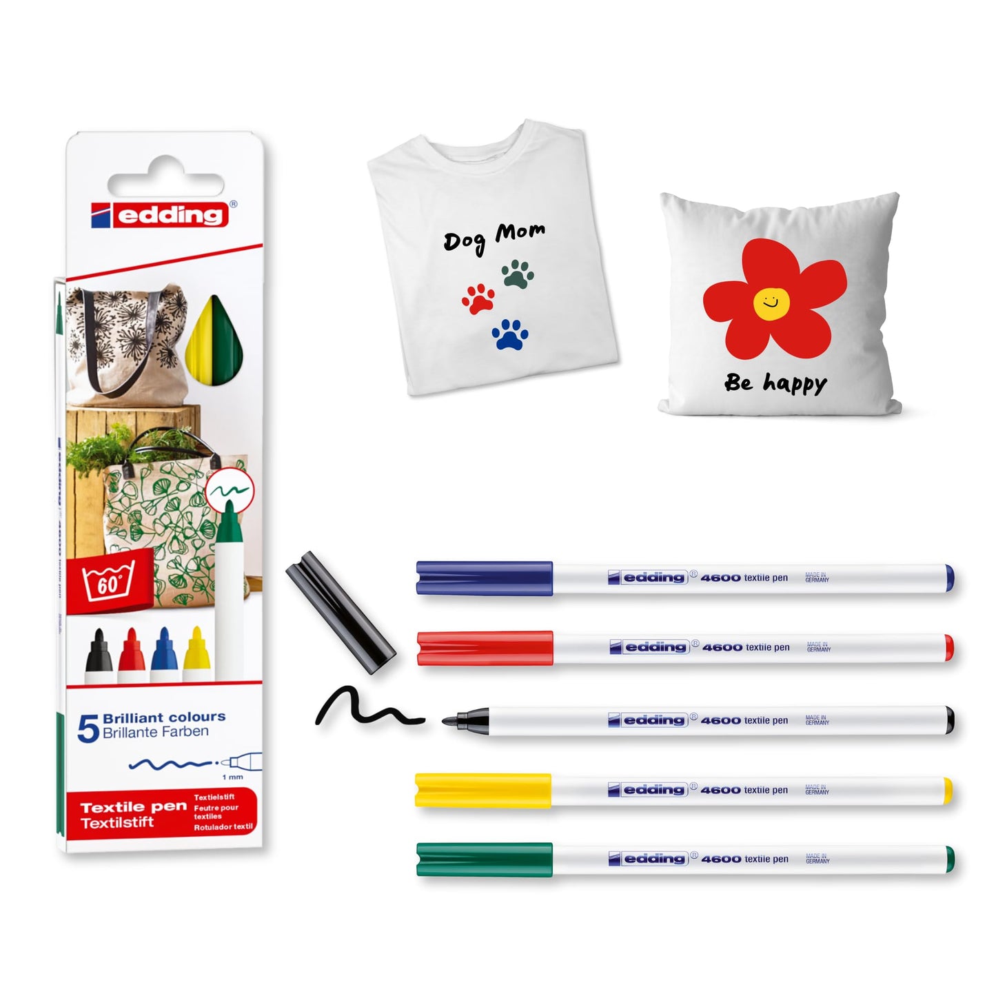 edding 4600 textile pen - black, red, blue, green, yellow - set of 5 - round nib 1 mm - permanent fabric pens for drawing on textiles, wash-resistant to 60 °C - fabric pen