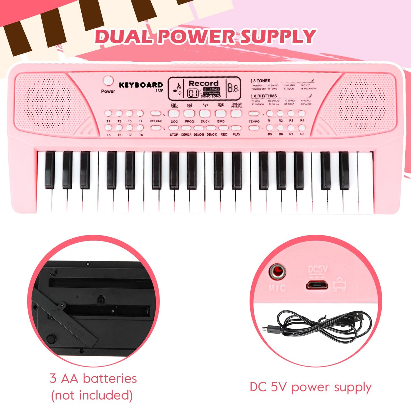 M SANMERSEN Kids Piano Keyboard with Microphone 37 Keys Portable Electronic Keyboards for Beginners Musical Toy for 3/4/5/6 Year Old Girls Boys, Pink