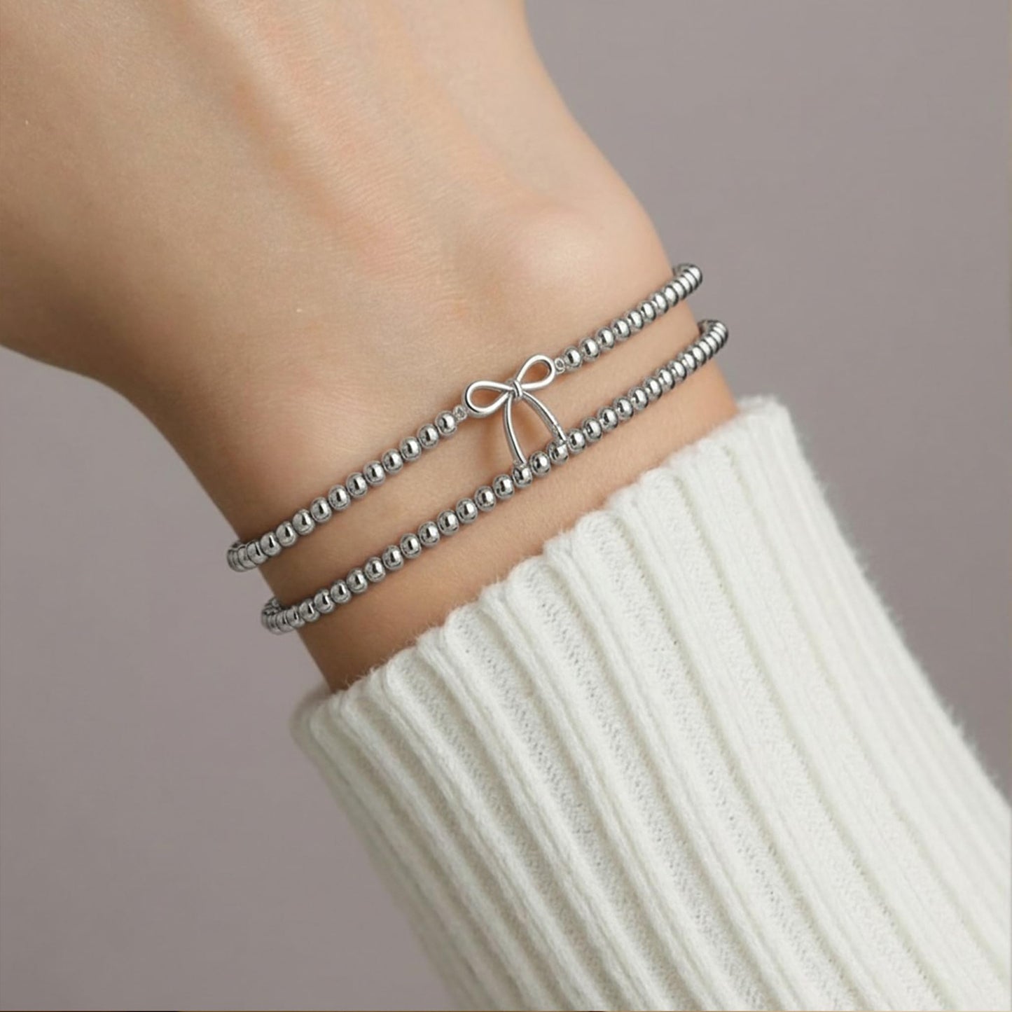 Jsuospmy Silver Beaded Bracelets for Women 14K Silver Bow Bracelet Handmade Stackable Bracelets for Women Trendy Non Tarnish Bracelet Jewelry Gift for Womens 2Pcs (07.Bow+Beaded (Silver))