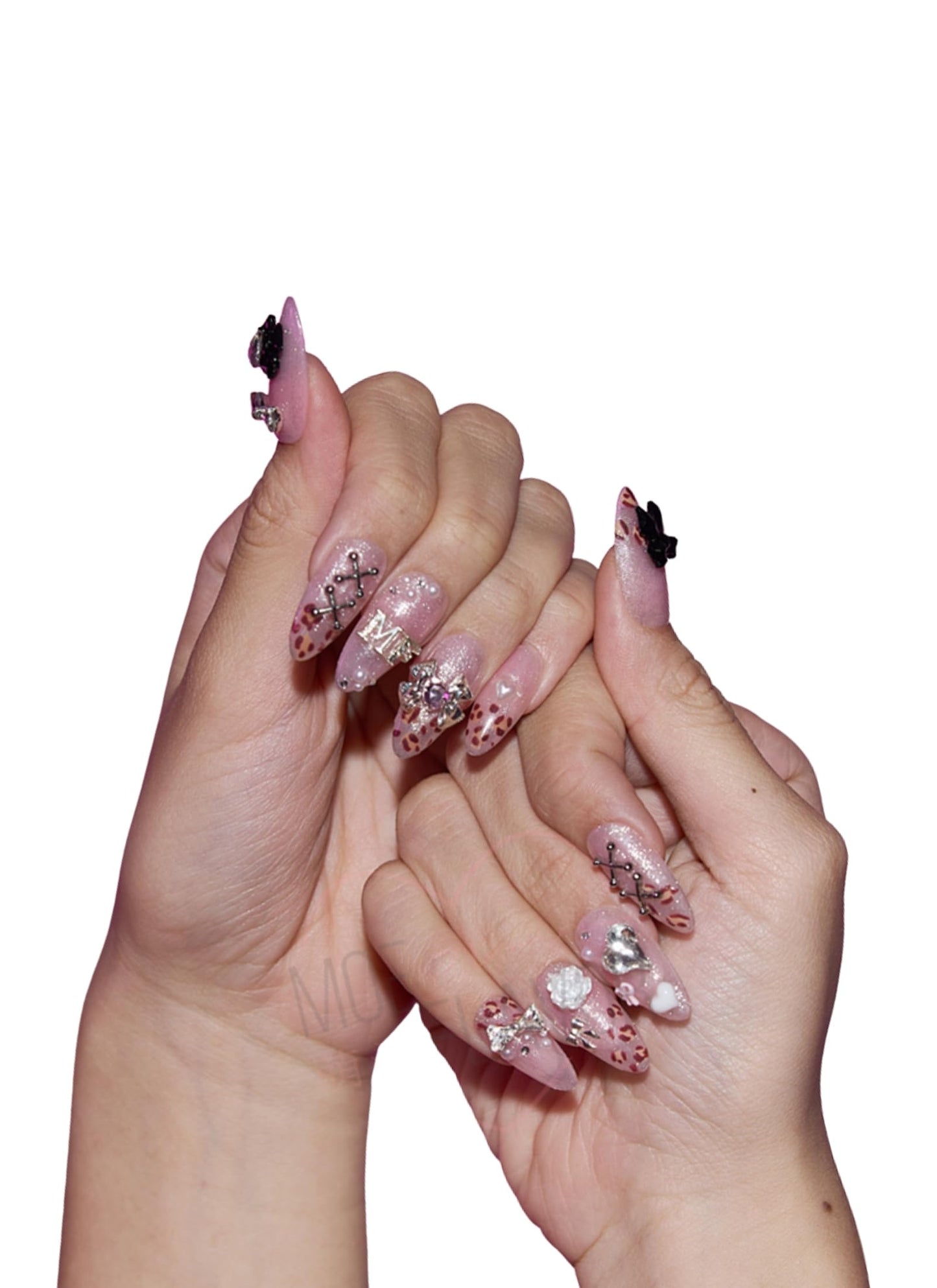 Gyaru Glam Leopard Print Press-On Nails – Kawaii Cosplay Nails with Glitter, Bows & Charms - Costume Accessory (Gyaru, L)