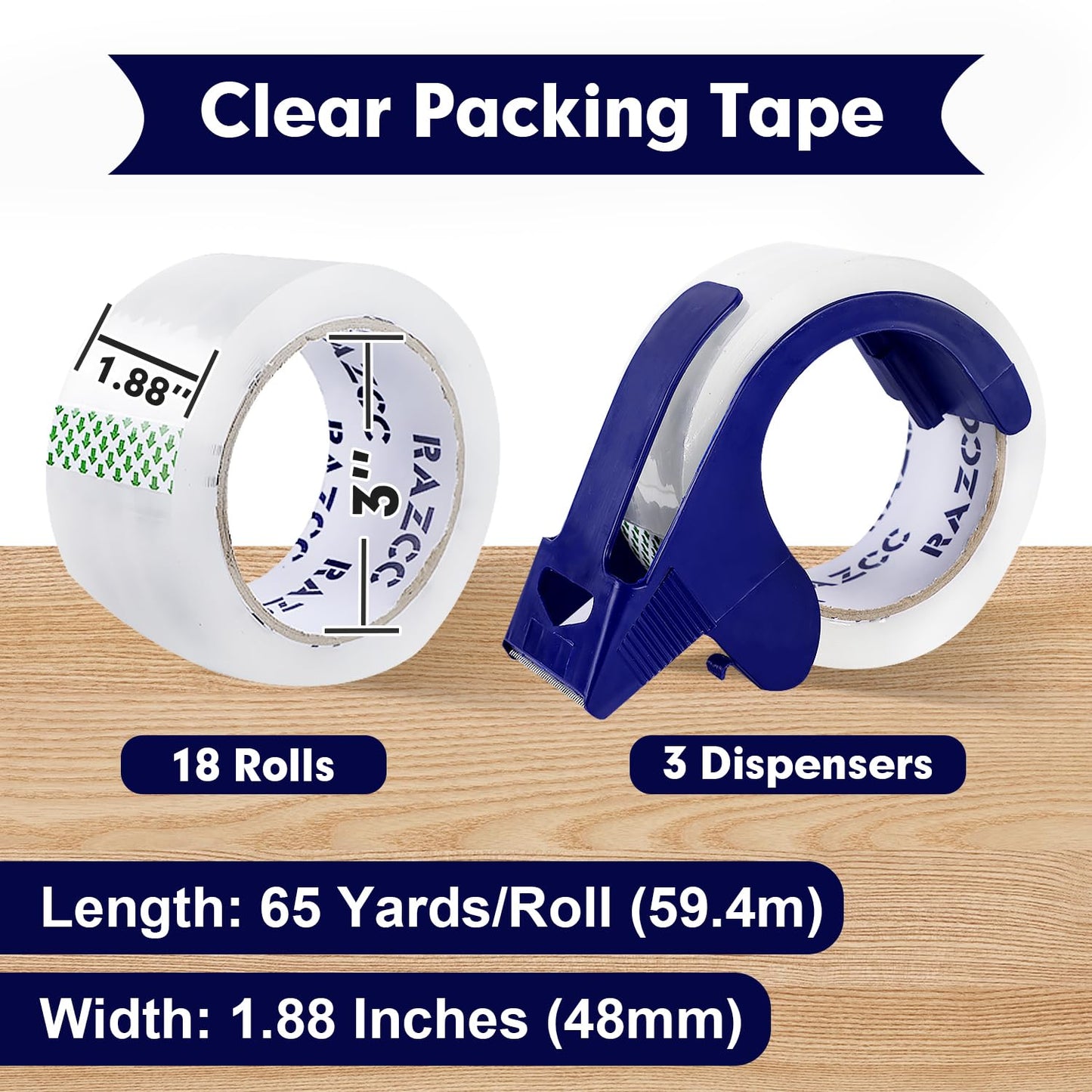 RAZCC Packing Tape, 18 Rolls Clear Heavy Duty Packaging Tape with Dispensers for Packing, Shipping, Moving and Mailing, Thicker Sealing Tape-1.88" x 65 Yards Per Roll, 1170 Total Yards