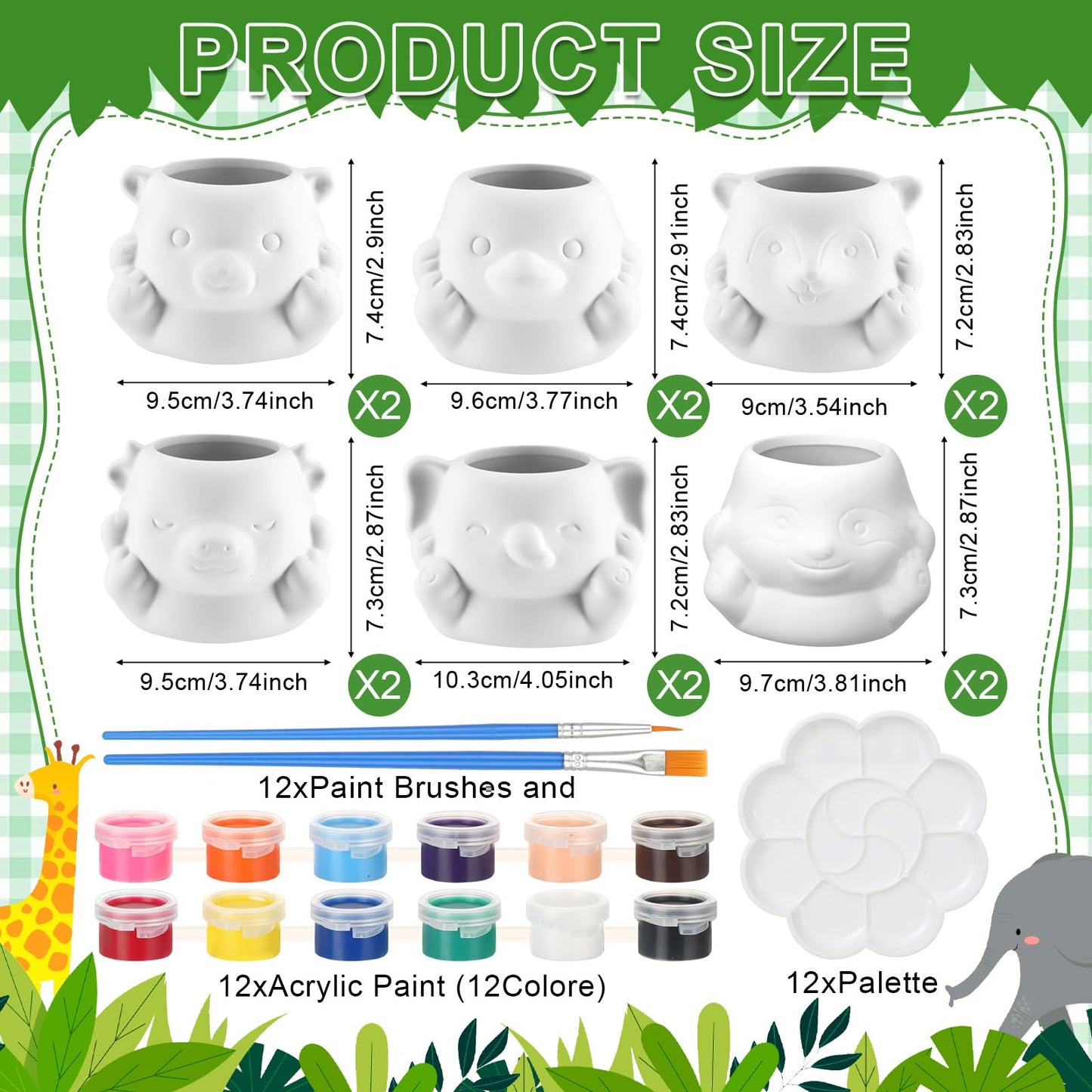 Chuangdi 12 Sets Ceramics to Paint 6 Style DIY Ceramic Succulent Planter Pots Unpainted Bisque Flower Pots Paintable Craft with Drainage Hole, Paints, Brushes, Palettes(Lovely Style)