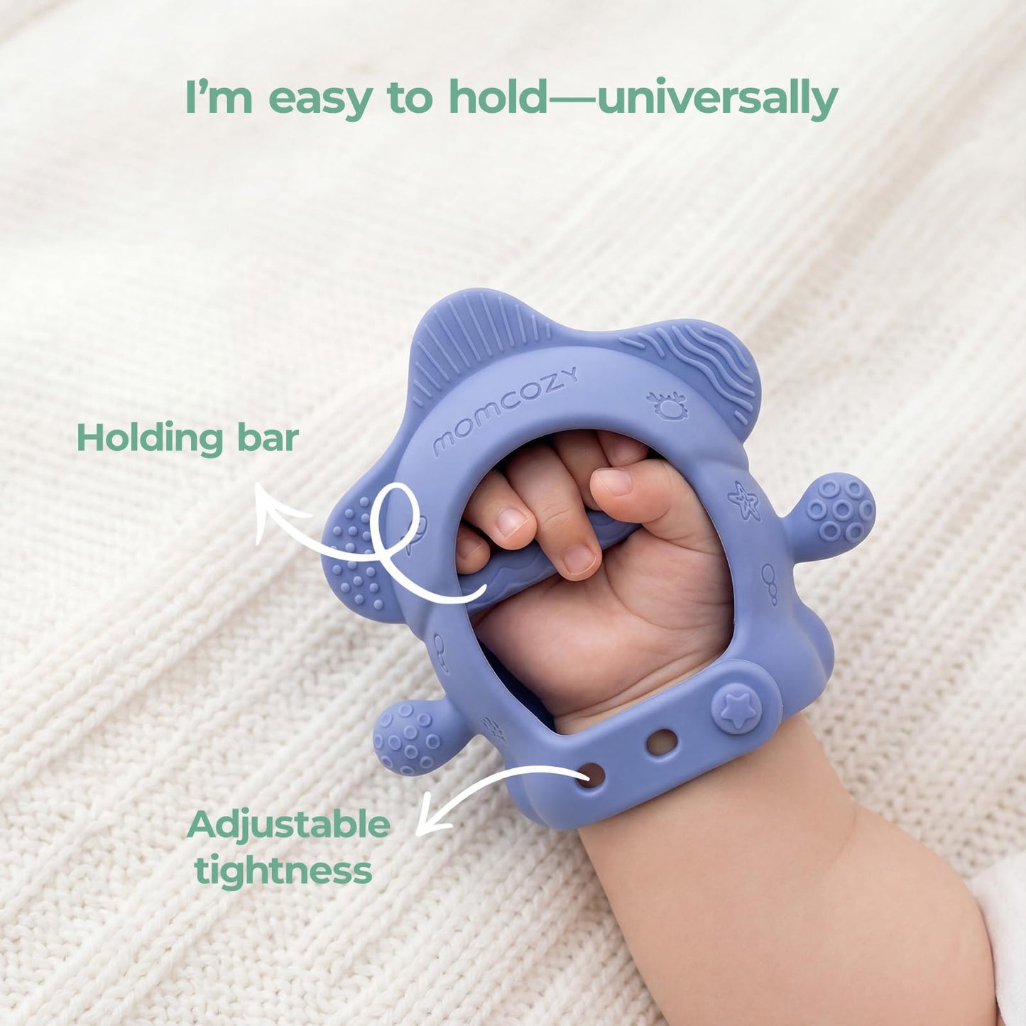 Momcozy Teething Toys, Food Grade Silicone Baby Teether for 0–12 Months, Baby Adjustable Teethers Mitten, Easy Grip Teething Relief with Multiple Chew Points,Sensory Exploration & Early Learning，Blue