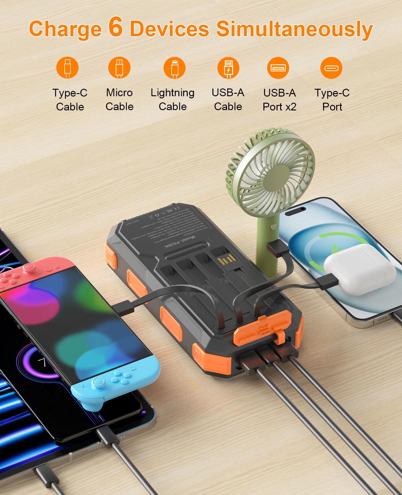 Solar Charger Power Bank 38800mAh, PD 22.5W USB-C Fast Charging Portable Charger with 4 Built-in Cables, External Battery Pack with Dual LED Emergency Flashlights for Camping, Hiking, Outdoor Use