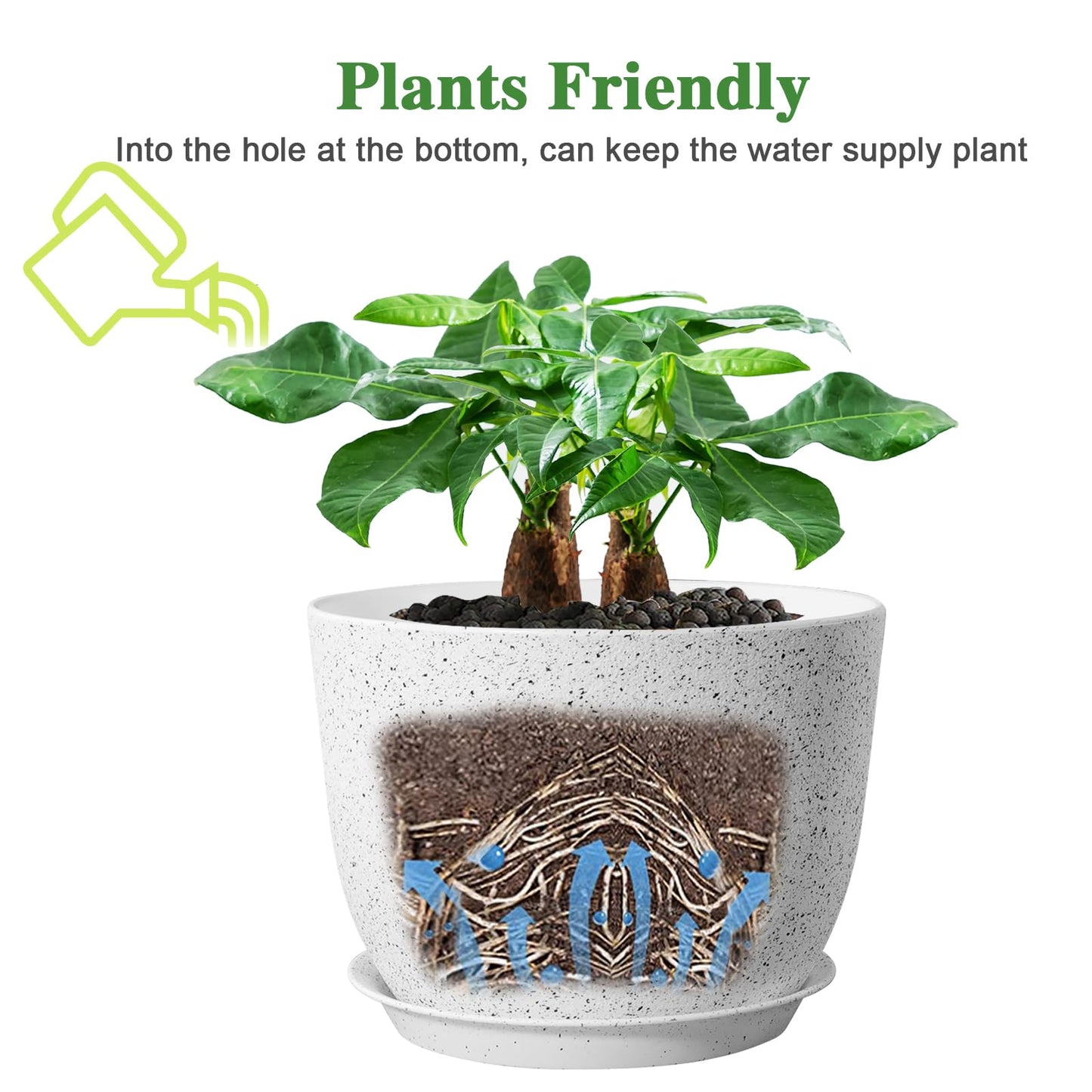 UOUZ 12/10/9 Large Modern Plant Pots, Plastic Planters with Drainage Holes and Saucers for Indoor Outdoor Plants Flowers, White Speckles