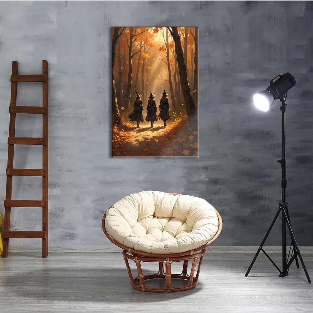 JFHCQJPK Three witches walking in the forest in autumn canvas painting gothic poster halloween print country witch wall art for home decoration16x24in Frameless
