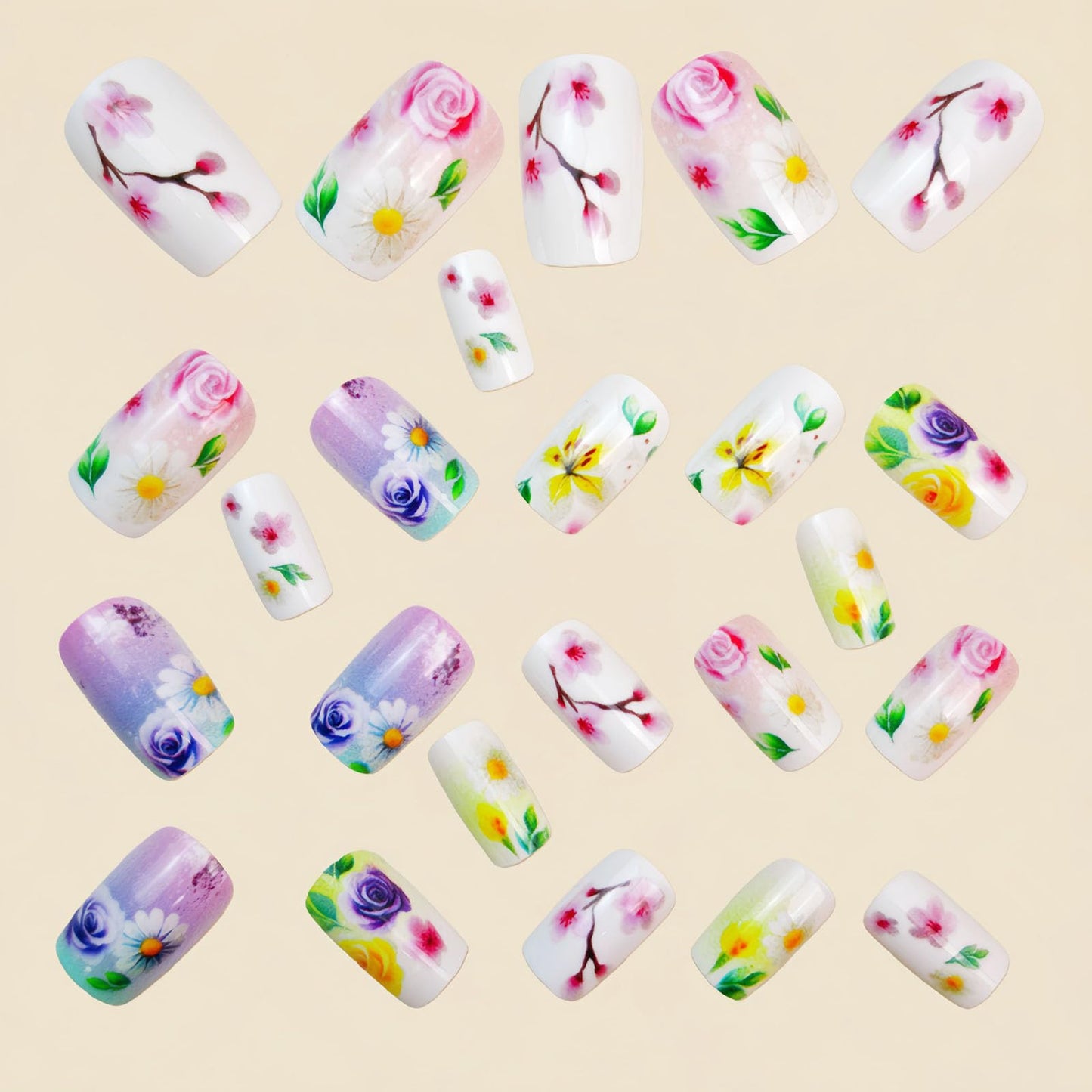 Square Press on Nails Medium Fake Nails with Purple White Yellow Pink Flower Green Leaves Designs Glossy Glue on Nails Gradient Nails Press ons Acrylic Artificial Stick on Nails for Women 24Pcs