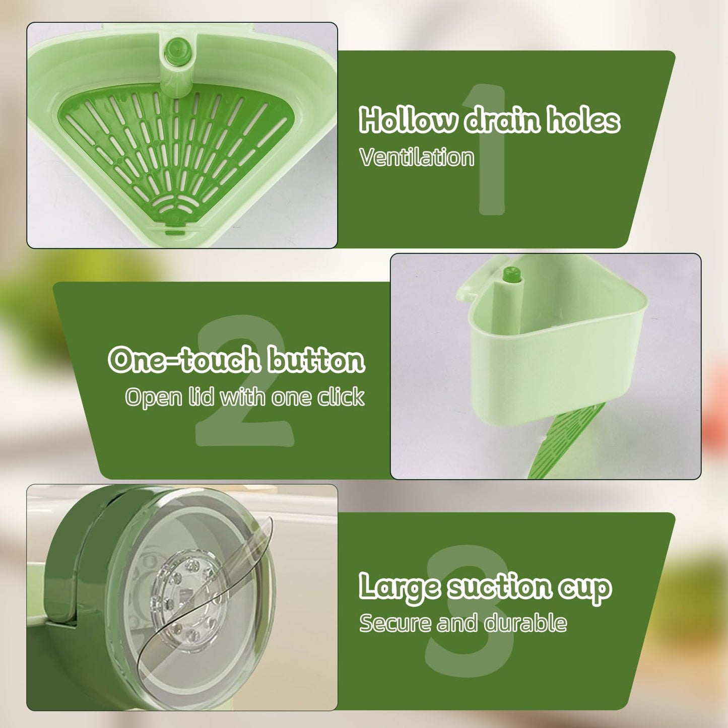 Suction Cup Sink Corner Rack 2026 Upgrade Corner Sink Strainer Basket Automatic Dumping Suction Cup Press Sinks Drainer Basket Faucet Sponge Storage Rack Food Waste Catcher for Sink (1PC - Green)