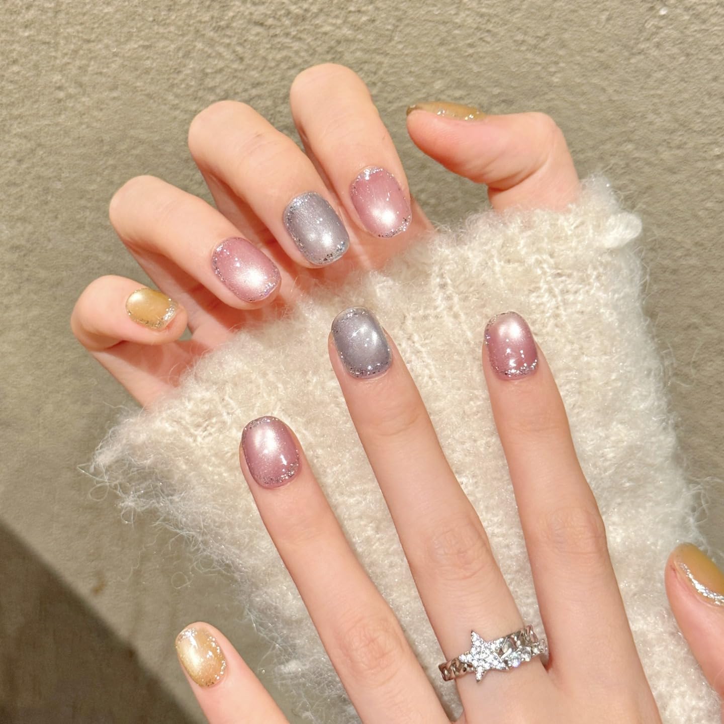 Handmade Press On Nails Short Square Three Colors Paired With Glitter Nail Art Reusable Wedding Prom And Festival Gift Handmade Acrylic Press On Nails Aacrylic Nail (S)