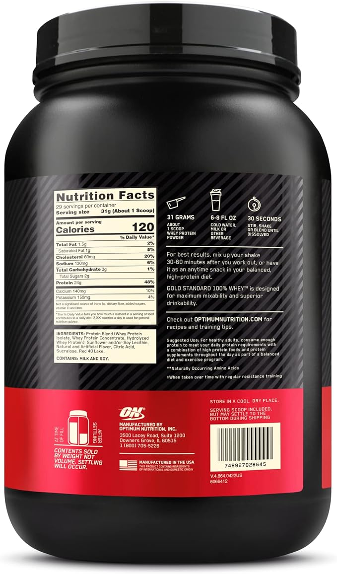 Optimum Nutrition Gold Standard 100% Whey Protein Powder, Delicious Strawberry, 2 Pound (Packaging May Vary)