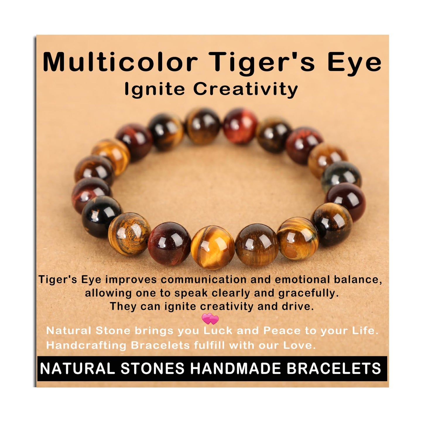 AD Beads Handmade Gemstone Stretch Elastic Bracelet Crystal Healing Reiki Nature's Beauty and Spiritual Essence Unisex (10mm, Multicolor Tiger's Eye (Ignite Creativity))