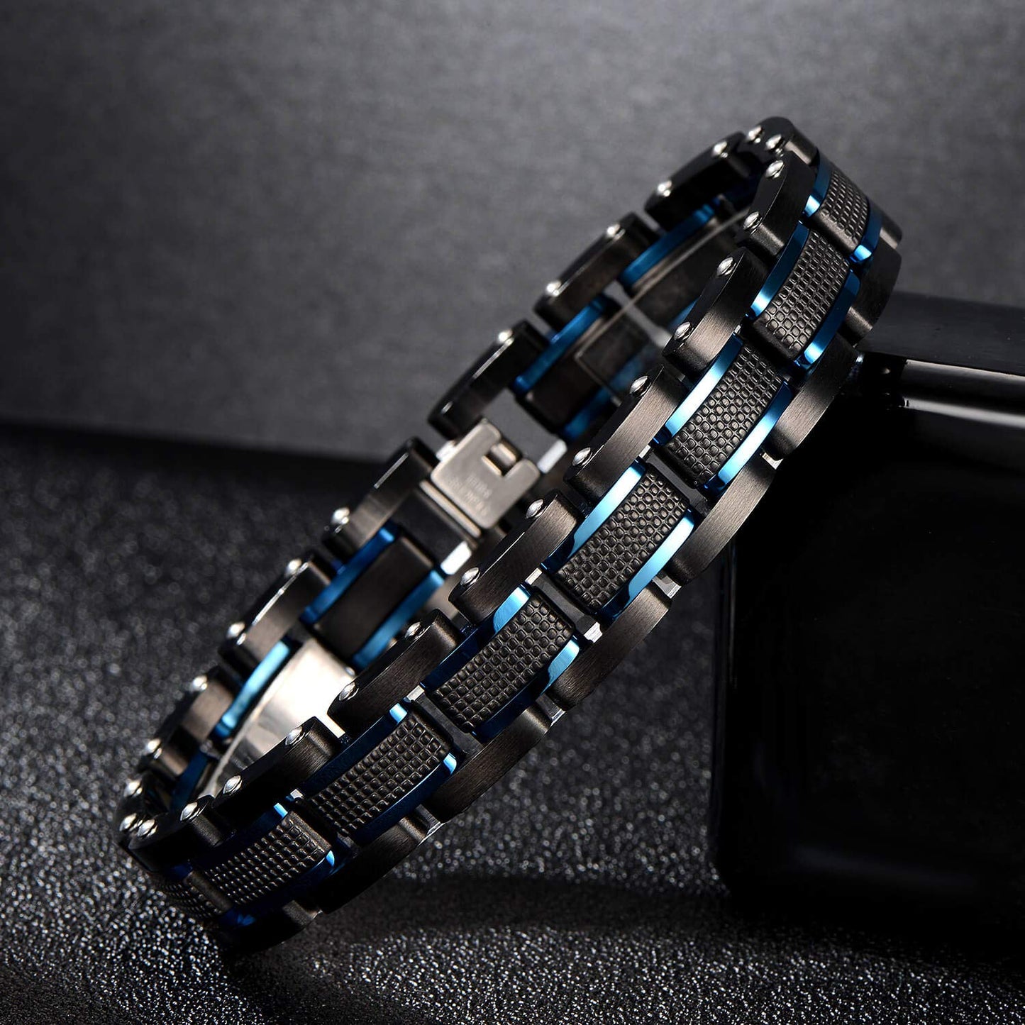 Zillaly Men's Stainless Steel Two-Tone Square Link diamond Bracelet in Black & Blue Ion-Plated Black (Black & Blue)