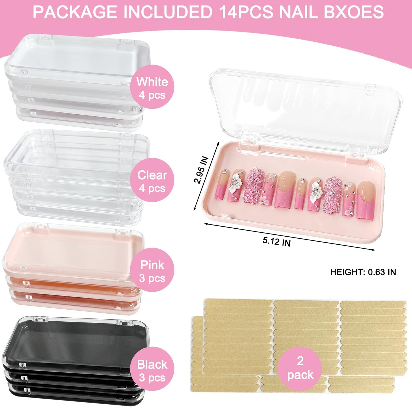 14Pcs Press On Nail Packaging Box Large,Press on Nail Storage Box for Press Ons Long, 5.1”×2.95” Fake Nail Storage Cases with 60 Pcs Adhesive Tape for Fake Nails Storage Display Nail Salon Business