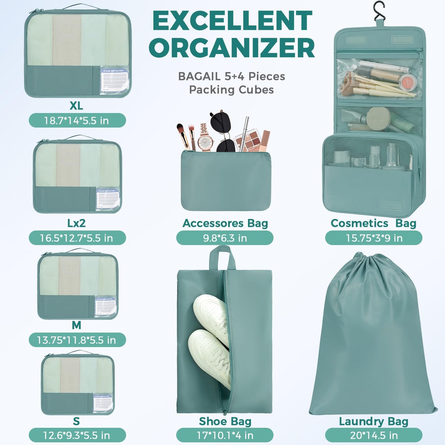 BAGAIL 9 Set Packing Cubes with Packing List Luggage Packing Organizers for Travel Accessories (Dusty Blue)