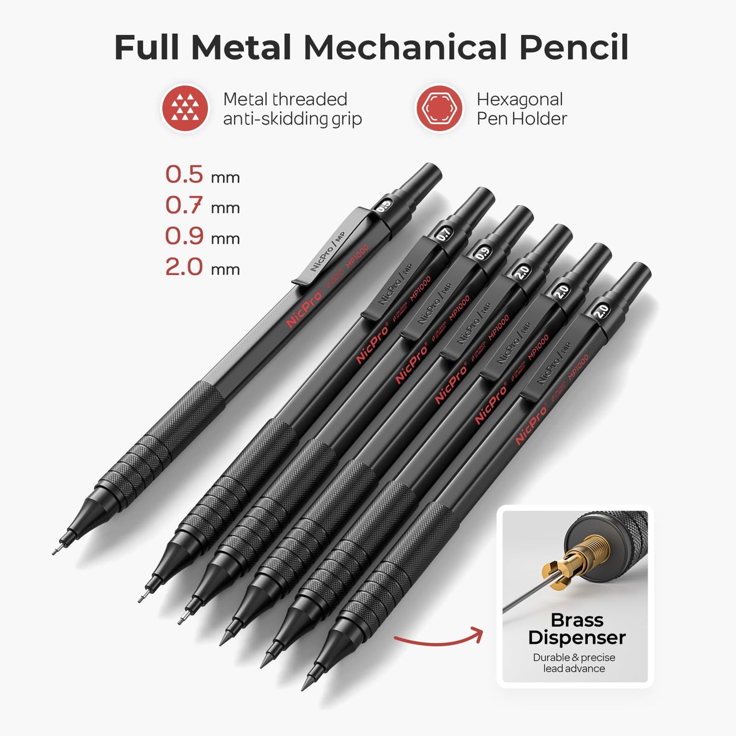 Nicpro 30PCS Black Metal Mechanical Pencil Set in Leather Case, Art Drafting Pencil 0.5, 0.7, 0.9 mm, 2mm Lead Pencil Holders for Sketching Drawing With 16 Tube (6B 4B 2B HB 2H 4H Colors)Lead Refills