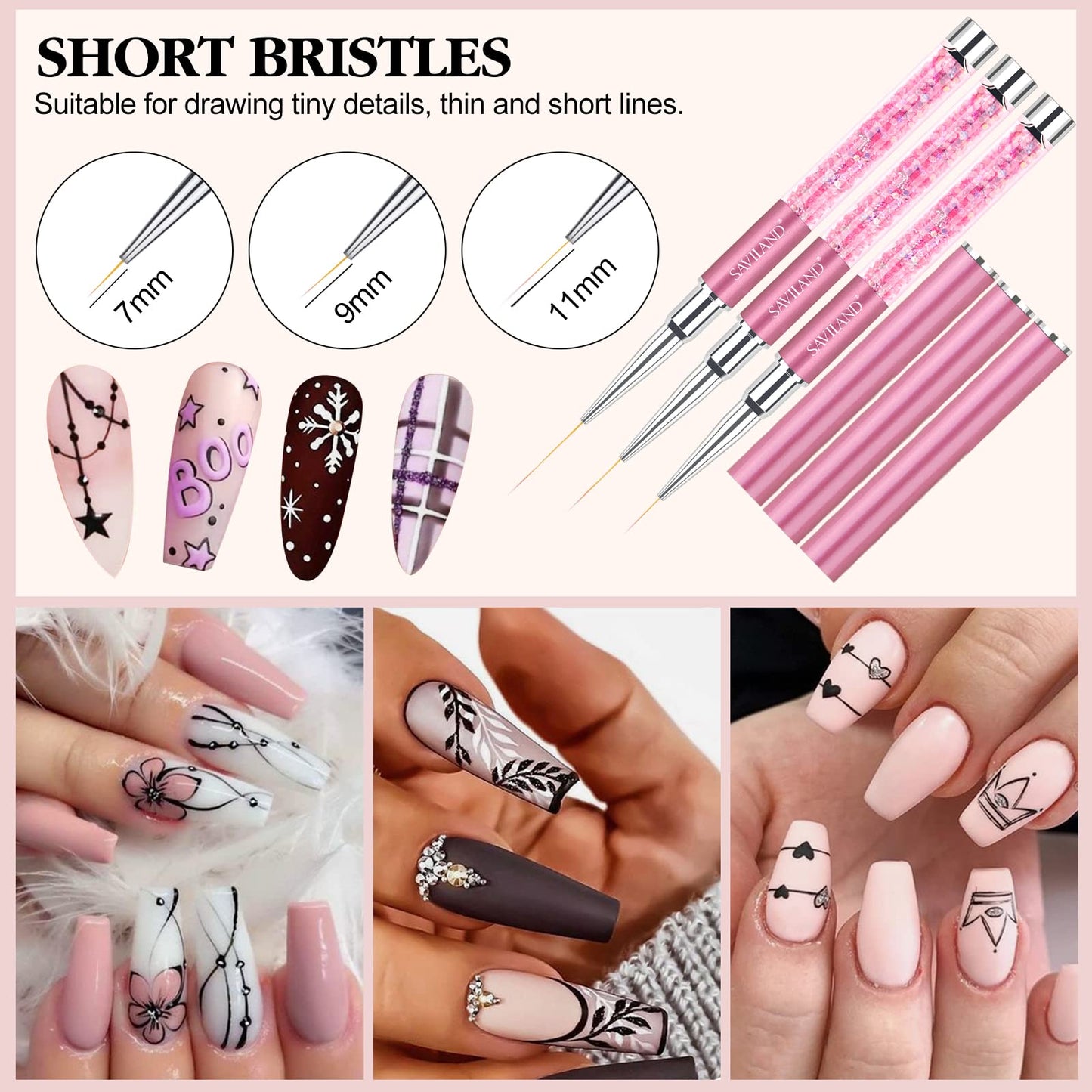SAVILAND 6pcs Nail Art Liner Brushes & 5pcs Multi-Size Dotting Tools Set - Nail Brush Gel Polish Painting Nail Art Design Brushes Pen with Crushed Diamond Rhinestone Handle for Pulling Lines