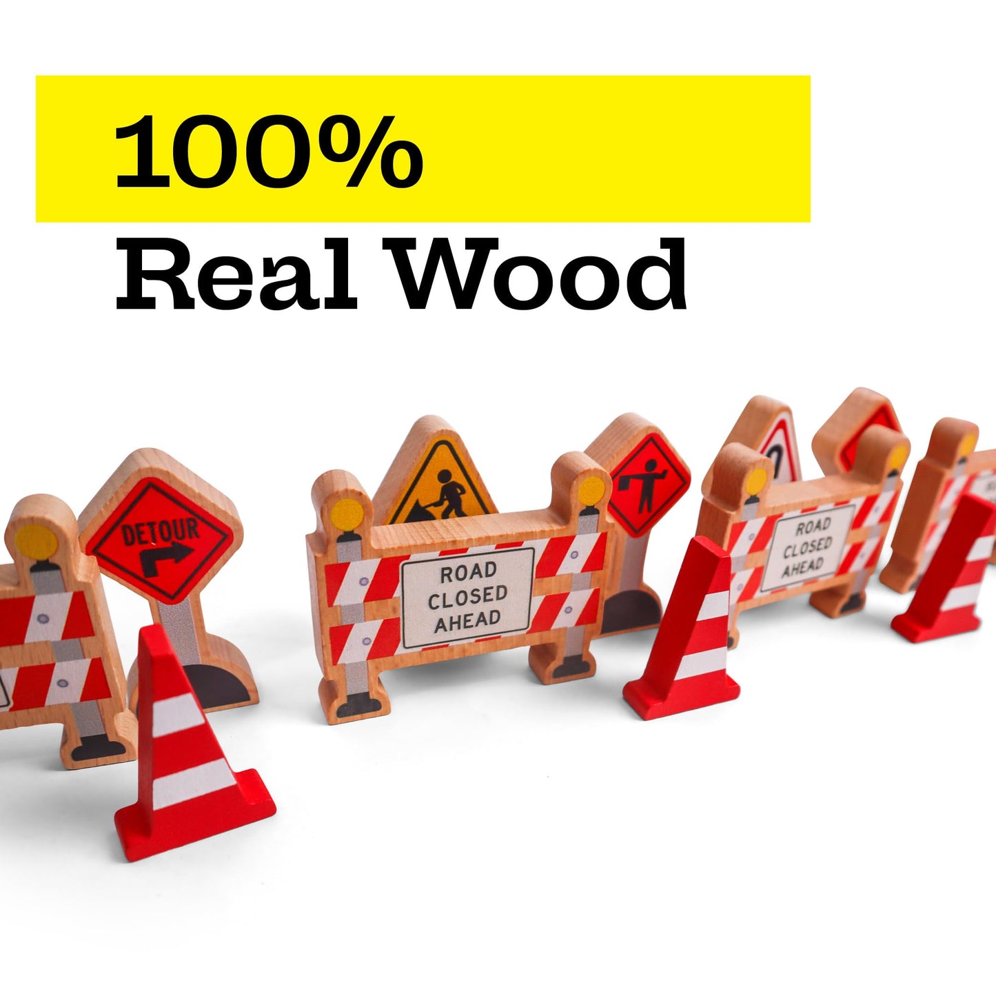 16 Pc Wooden Construction Signs and Traffic Cones - Construction Site Road Signs -Community Helpers Educational Preschool Street Track Accessories