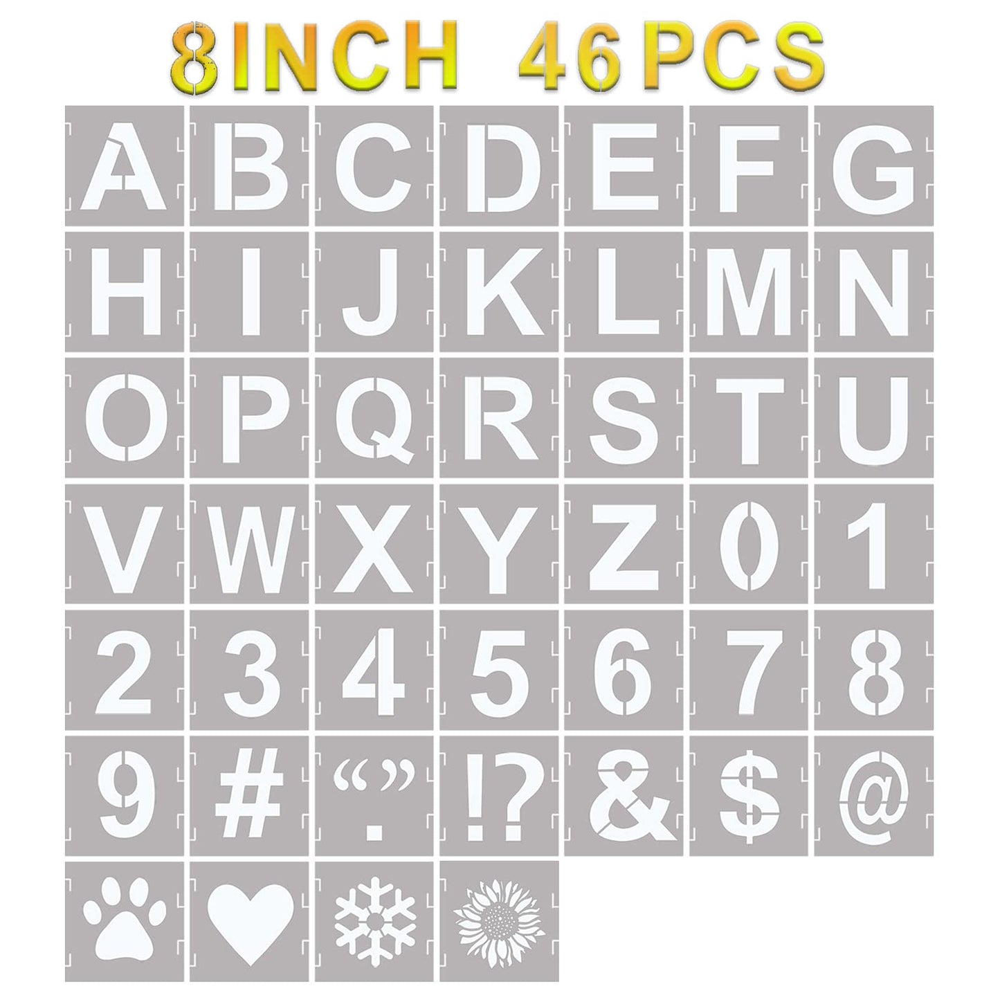 YEAJON 46 Pcs Letter Stencils Symbol Numbers Craft Stencils, Reusable Alphabet Templates Interlocking Stencil Kit for Painting on Wood, Wall, Fabric, Rock, Chalkboard, Sign, DIY Art Projects(8 Inch)
