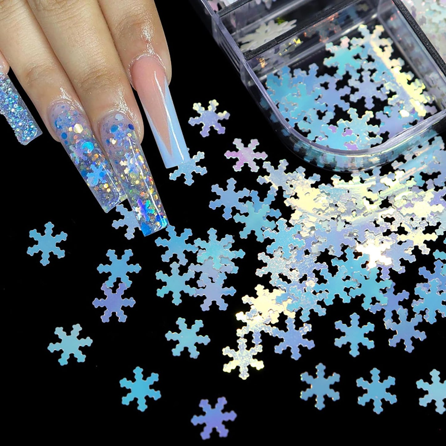 Snowflake Nail Glitter Flakes, Christmas Snowflake Glitter Nail Sequins Gold Silver Red Snowflake Design Nail Supplies for Women Manicure Charms Decorations, DIY Sparkly False Nails Crafts