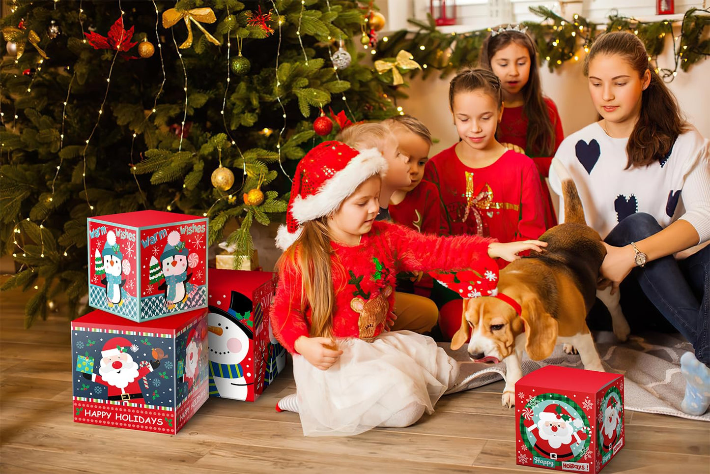 Linelglobal Christmas Gift Box with Lid - 4-Pack Stackable Square Decorative Box Set Assortment - Red