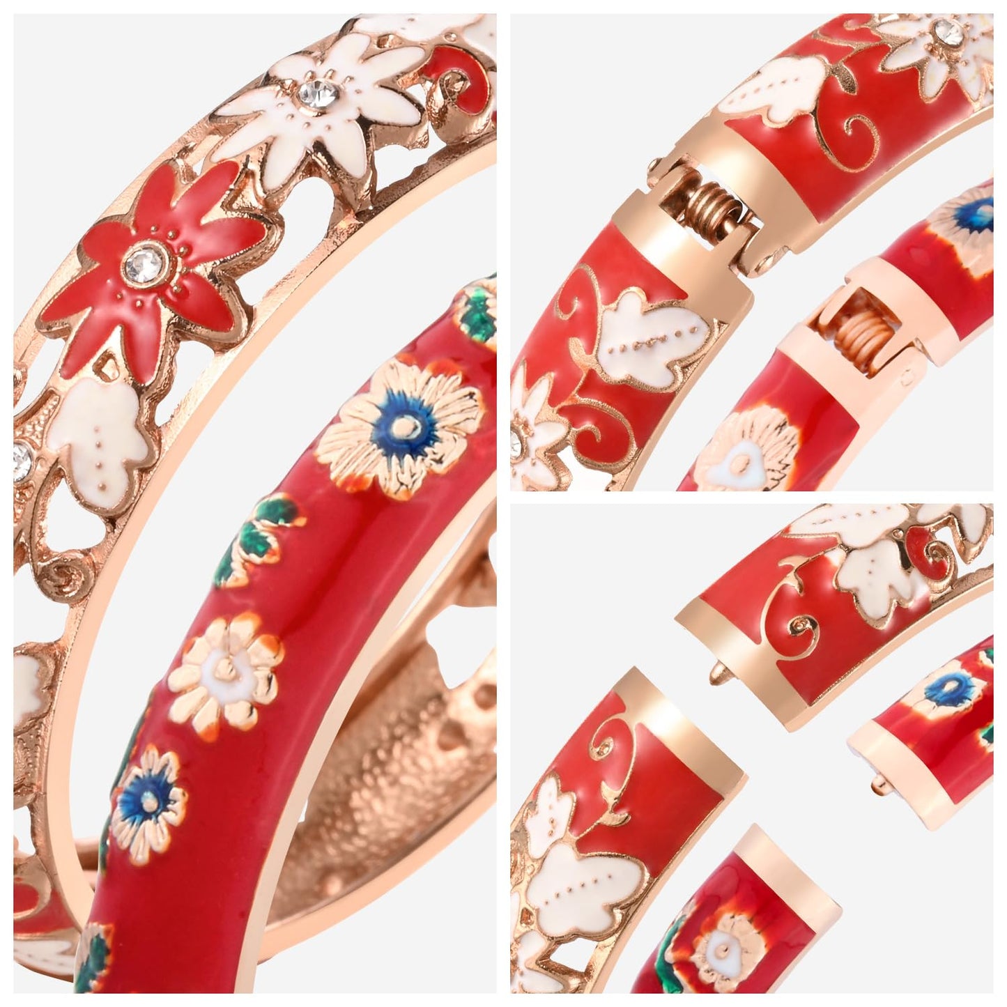 UJOY Vintage Jewelry Cloisonne Handcrafted Leaf Enameled Gorgeous Rhinestone Hinged Cuff Bracelet Bangles Gifts 88C11-55A119 red