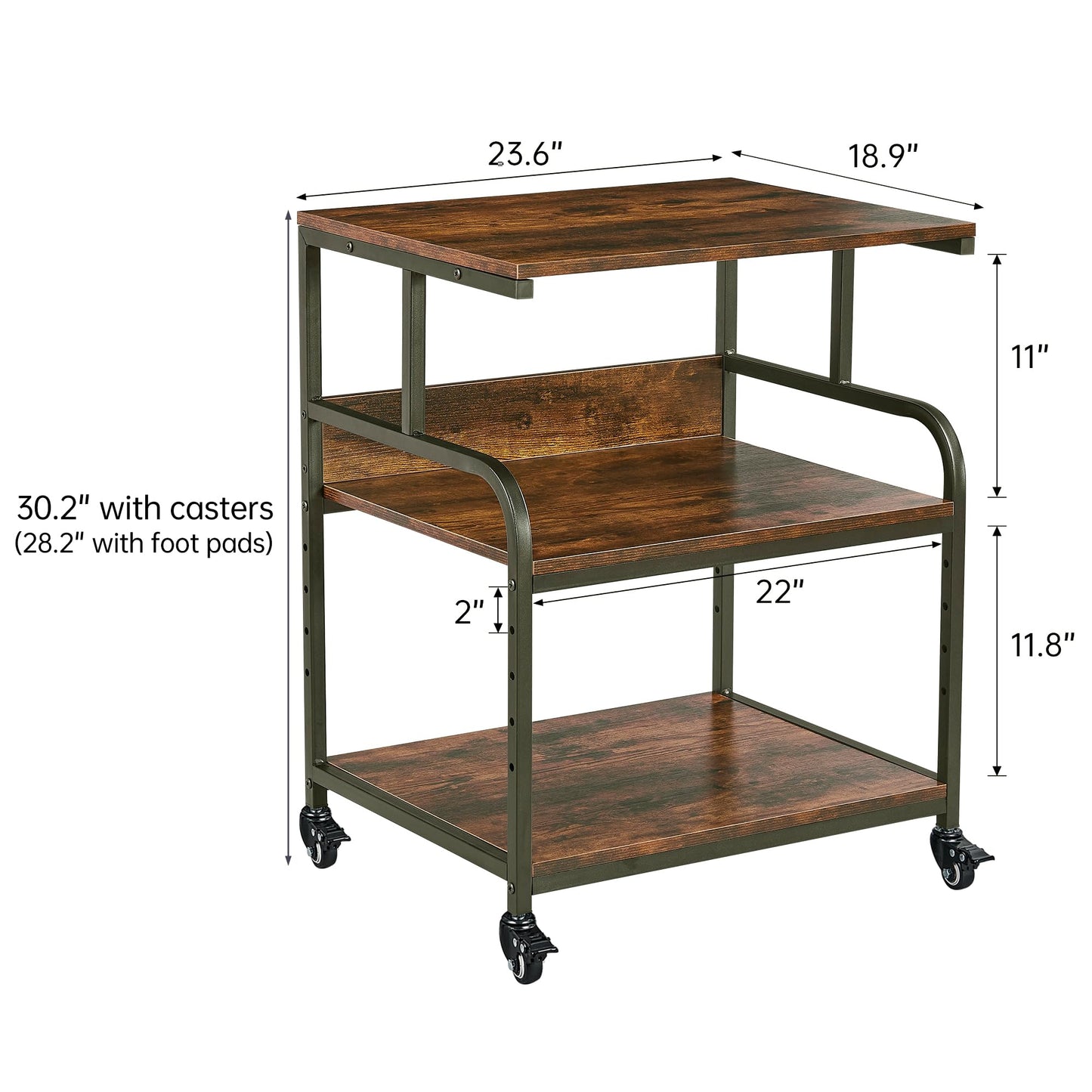 Fannova Large Printer Stand with Adjustable Storage Shelf, 3 Tier Printer Cart with Wheels for Home Office Organization, Rolling Table Stand for Heat Press Mini Fridge, Industrial Style