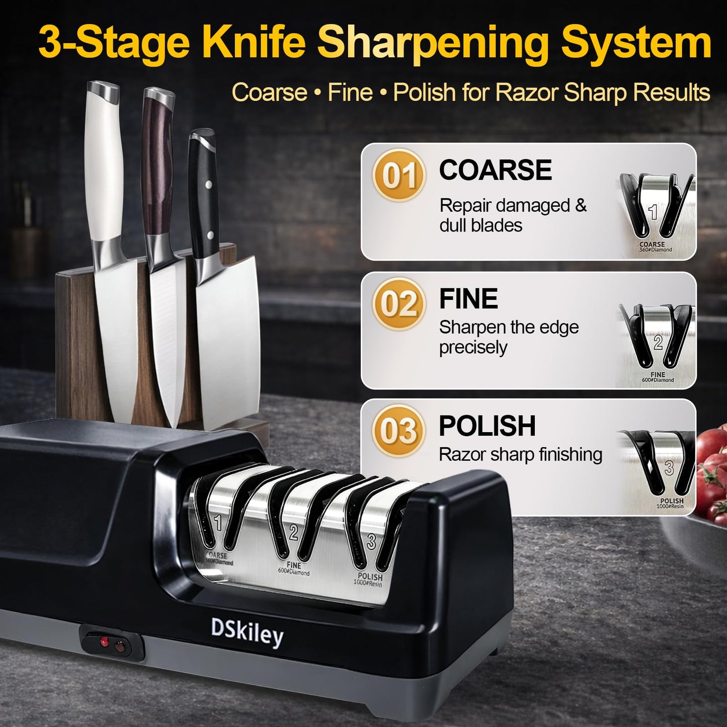 Electric Knife Sharpener for Kitchen – Professional 3-Stage 100% Diamond System with 20° Precision Angle, Fast Sharpening to Restore & Polish Chef Knives(Black)