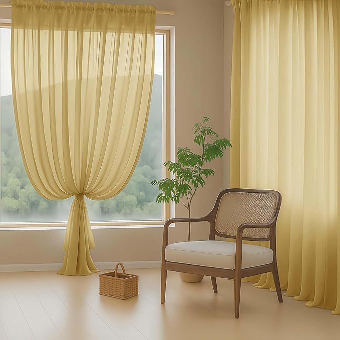 Gold Sheer Curtains 63 Inch Length 2 Panels, Voile Sheer Curtain for Living Room, Breathable Light Filtering Modern Window Treatments, Soft Fabric Dual Rod Pocket Drapes, 2x42Wx63L Inches