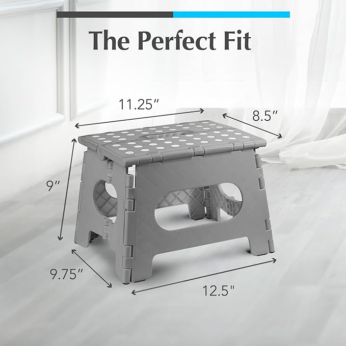 Handy Laundry Folding Lightweight Step Stool - Sturdy Enough to Support Adults and Safe Enough for Kids - Opens Easy with One Flip - Great for Kitchen, Bathroom or Bedroom (Grey - 9 Inch)